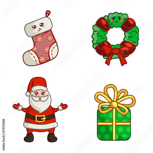 Festive christmas icons isolated on white background featuring a stocking , a wreath , a jolly santa claus, and a green gift box perfect for holiday designs