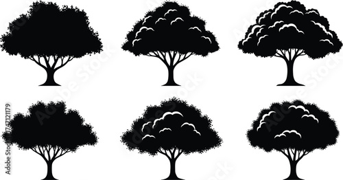 Black silhouette tree illustration with detailed branches and leaves, natural forest design, eco friendly element, nature growth, landscape background, organic environment art.