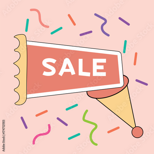 Colorful sale announcement megaphone with confetti illustration