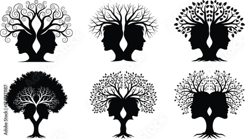 Black silhouette illustration of human faces merged with tree branches, creative concept design, psychology mind connection, nature growth, intelligence, abstract art.