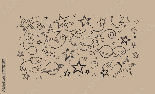 Whimsical hand drawn space doodles on kraft paper background