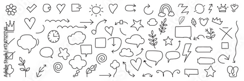 Hand drawn doodle icons set with arrows and symbols