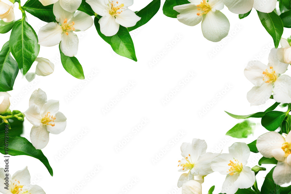 Fototapeta premium Delicate jasmine flowers frame a serene background, adding elegance and charm to any setting or design for various occasions