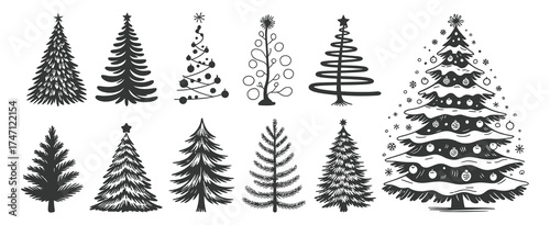 Christmas Tree Vector Set with Hand Drawn Style – Artistic Holiday Illustrations for Winter Greeting Cards, Seasonal Decor, Invitations, and Festive Design Concepts