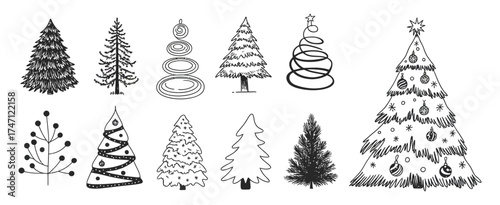 Christmas Tree Vector Set with Hand Drawn Style – Artistic Holiday Illustrations for Winter Greeting Cards, Seasonal Decor, Invitations, and Festive Design Concepts
