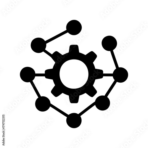 Black and White Icon Depicting a Gear Connected to Networked Nodes