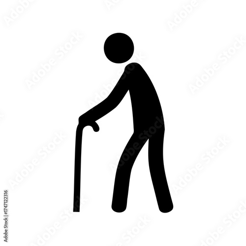 Elderly Person with Cane Silhouette, Symbolizing Aging and Support, Isolated on White