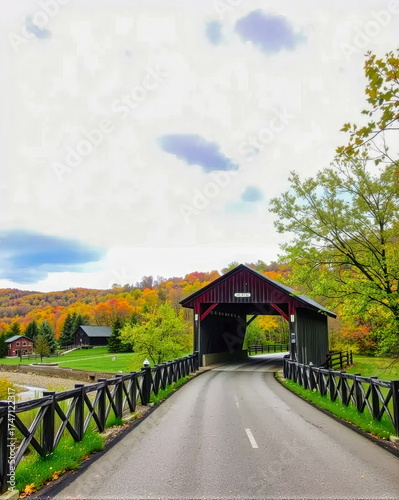 New England Covered Bridge in Vibrant Autumn Countryside
