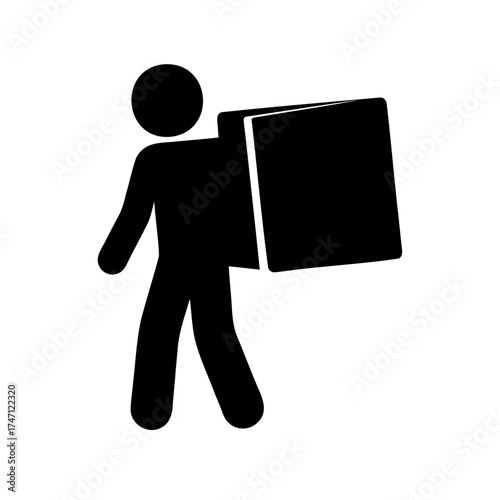 Minimalistic illustration of a person carrying a large rectangular object on back