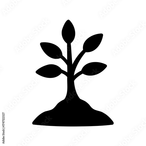 Simple black and white illustration of a young plant growing in soil