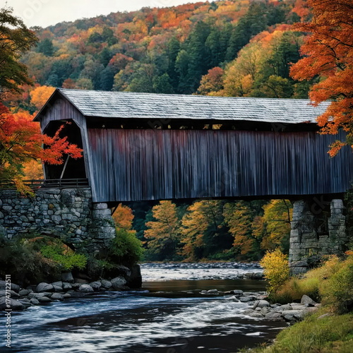 New England Covered Bridge over Stream in Forest Setting