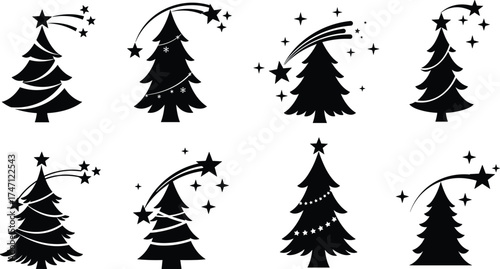 Christmas tree silhouette, holiday star design, festive pine vector, New Year decoration artwork, seasonal celebration illustration, winter holiday ornament, decorative nature art