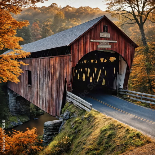 New England Covered Bridge in Scenic Autumn Countryside