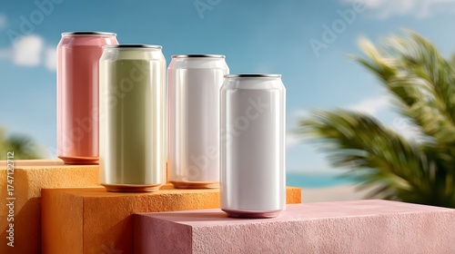 Four colored cans, mockup, summer soda drink, beach, tropical background, copy space