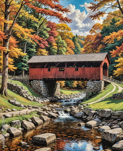 New England Covered Bridge over Stream in Forest Setting