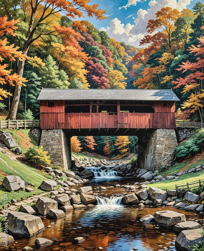 New England Covered Bridge over Stream in Forest Setting