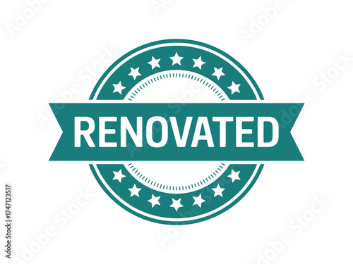 Vector art of teal renovated stamp for property updates and improvements showcasing modern living