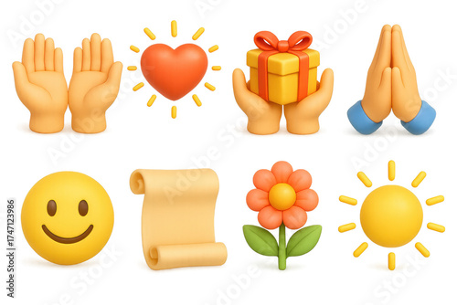 3D Gratitude Icons. Symbols of gratitude icons in 3D color style: open hands, heart glow, giving gift, prayer pose, smiling face, thank you scroll,