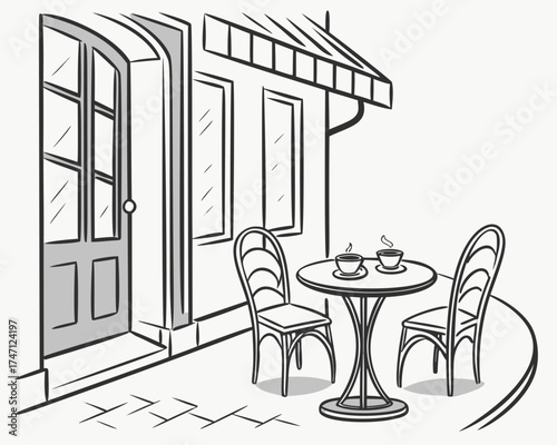 Outdoor table and two chairs of a cafe, outline in line art style, monochromatic drawing of a summer veranda. Black and white sketch of a coffee shop with cups and a city street.