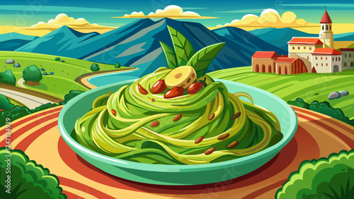 Very beautiful close-up pasta dish with vibrant green pesto sauce set against a scenic view, vector-style illustration highlighting Italian cuisine, natural textures, and elegant Mediterranean 