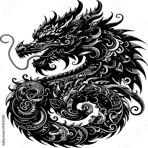 Mystical Dragon Illustration: This detailed illustration showcases a majestic dragon, its scales and intricate patterns a testament to the artist's skill. It evokes a sense of fantasy, power.
