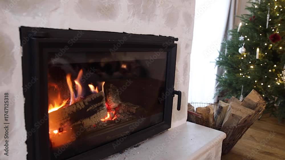 Burning festive decorated fireplace and christmas tree in scandinavian living room. Merry Christmas and Happy Holidays! Christmas cozy magical eve, holiday video
