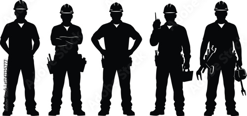 Black silhouette illustration of five construction workers, tool belts and gear, varied postures and roles, vector labor design, white background