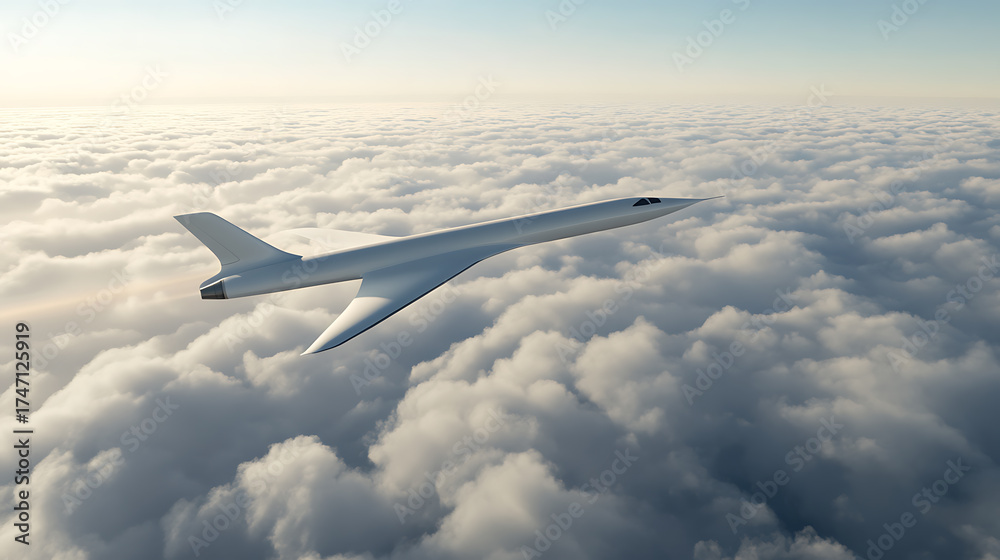 Fototapeta premium Supersonic Jet Over Clouds: A sleek, white jet soars above a sea of fluffy clouds under a bright sky, illustrating advanced aviation.