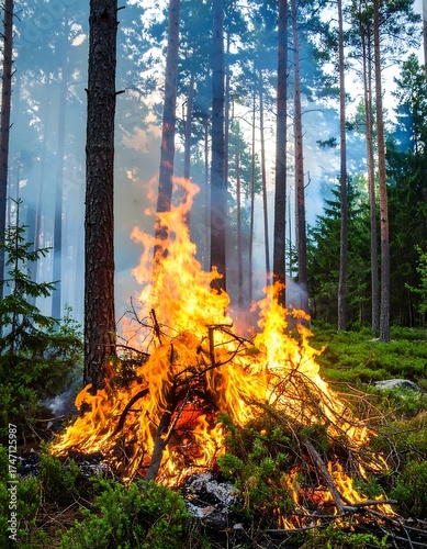 Wallpaper Mural Forest fire, blazing flames consume brush pile amidst tall pines Torontodigital.ca