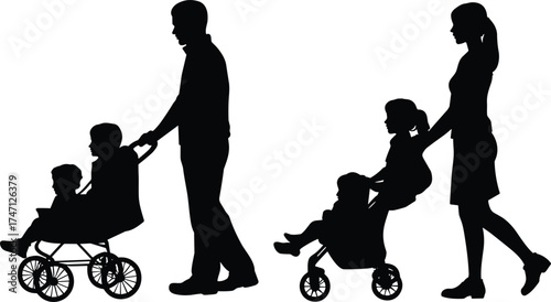 vBlack silhouette illustration of parents pushing strollers with children, side-by-side and tandem designs, vector family scene, white background, childcare concept