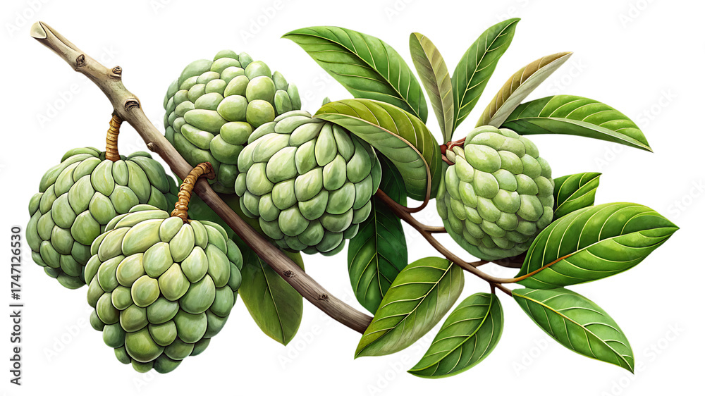 Fototapeta premium Beautiful and Detailed Depiction of Sugar Apples on a Branch with Leaves