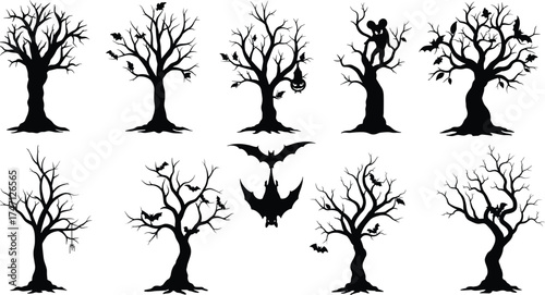 Spooky Halloween tree silhouettes with bats, haunted forest design, creepy branches, dark nature illustration, scary decoration art, horror night background concept