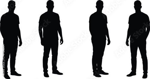 Black silhouette illustration of person in four standing poses, relaxed posture variations, minimal human form design, vector shadow art, white background