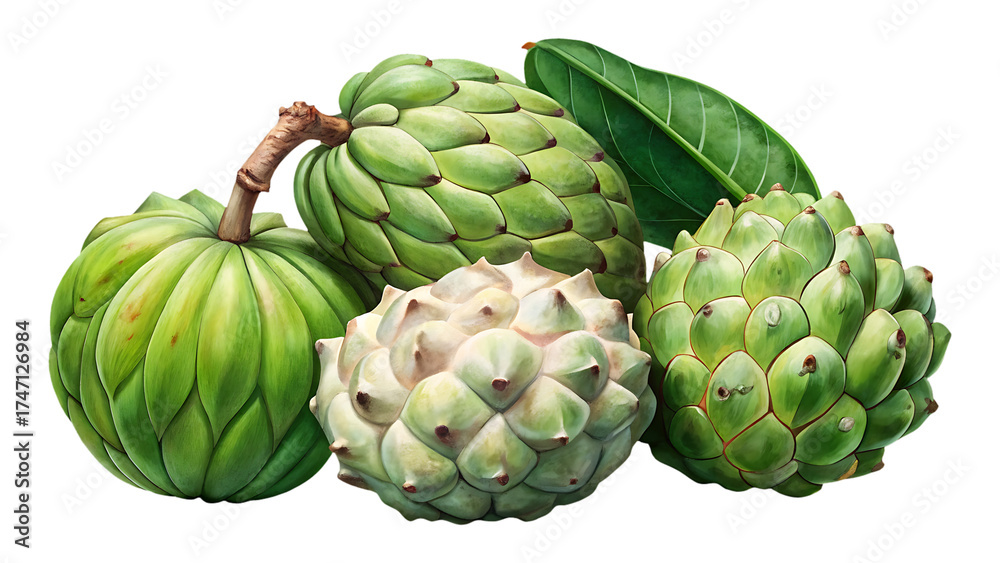 Fototapeta premium Artistic rendering of Custard Apples highlighting texture and green tones
