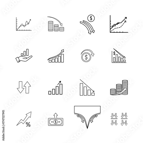 Financial Growth and Decline Line Icons: Market Chart, Profit, Loss & Investment Graph