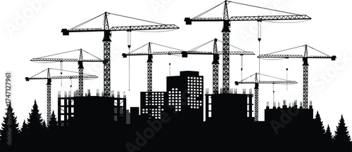 Black silhouette illustration of urban construction site, tower cranes and scaffolding buildings, vector industrial scene, white background, architectural development concept