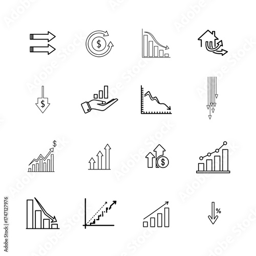 Financial Growth and Decline Line Icons: Market Chart, Profit, Loss & Investment Graph