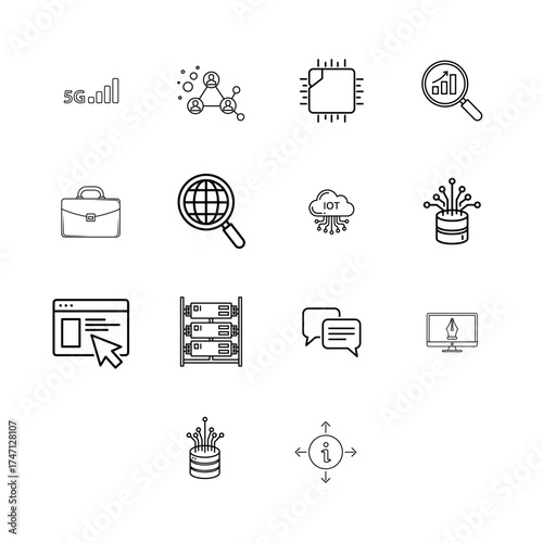 Technology and Data Line Icons Set: Analysis, Network, 5G, and Digital Business Vector