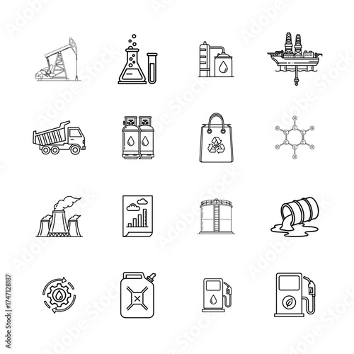 Industry and Logistics Line Icons Set: Energy, Shipping, Oil, and Safety Vector Symbols