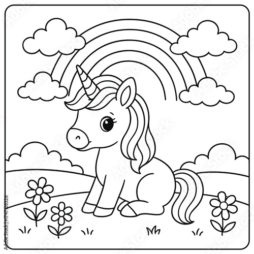 Outline drawing of a unicorn sitting under a rainbow with flowers and clouds around it