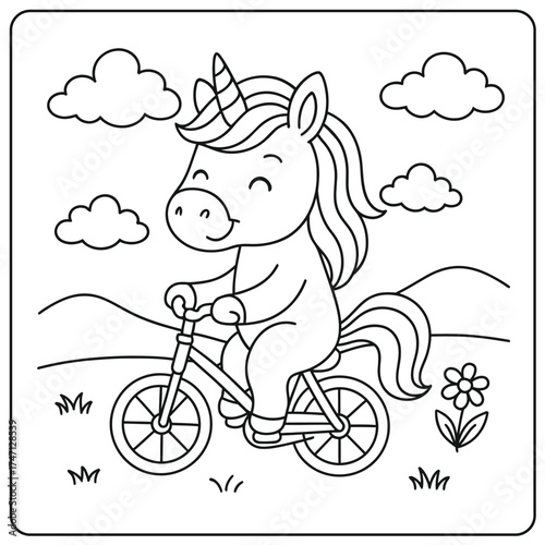 Coloring page of a happy unicorn riding a bicycle through a landscape with clouds above