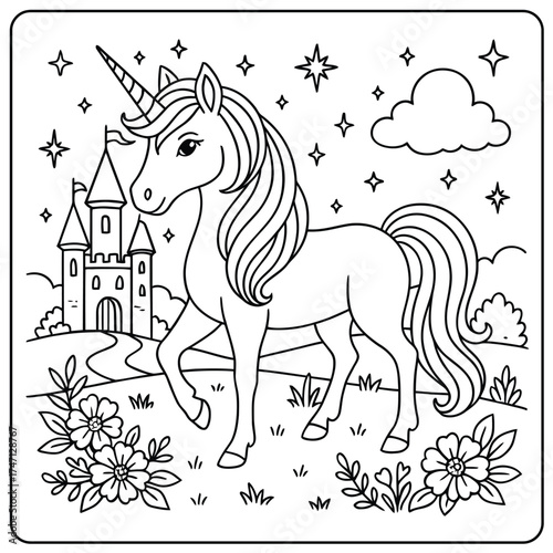 Coloring page of a unicorn standing in a field with a castle and stars in the sky