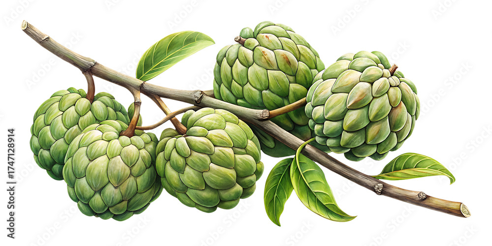 Fototapeta premium Ripe Sugar Apples on a Branch Displaying Their Textured Green Skin