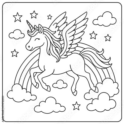 A winged unicorn flying over a rainbow surrounded by clouds and stars coloring page