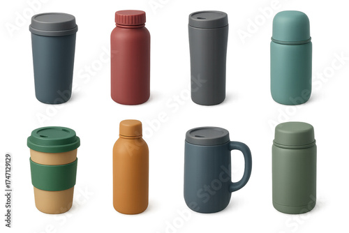 Wallpaper Mural 3D Thermal Mug Icons. Thermal mug set icons in 3D color style: matte finish tumbler, screw-top flask, slim travel mug, compact thermos, eco-friendly Torontodigital.ca
