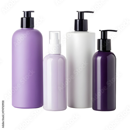 Four assorted cosmetic bottles with pump dispensers featuring purple white and dark purple colors isolated on transparent background