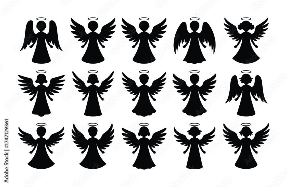Fototapeta premium Angel silhouette pattern vector set with wings halo and trumpet festive design