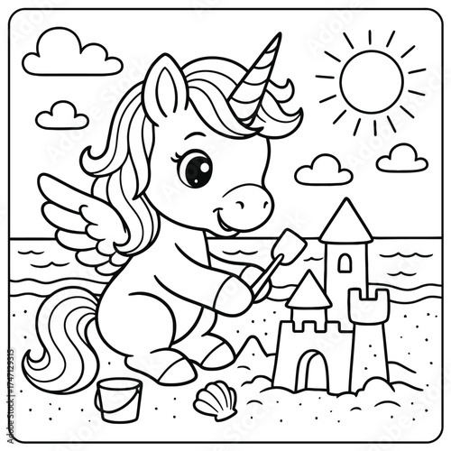 A cute unicorn with wings building a sandcastle on the beach under the sun coloring page
