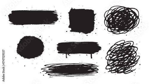 Black Paint Brush Strokes and Ink Marks Vector Texture Set on White Background