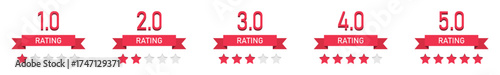 Set of 1 to 5 star rating badges with numbers and ribbon design for review, feedback, and ranking icons. Isolated vector illustration. Flat style.